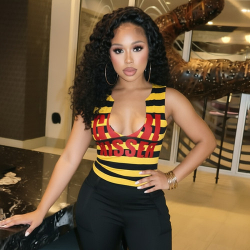 Striped letter sleeveless tight top