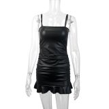 Leather camisole pleated dress