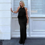Hanging neck backless solid color vest split long skirt set