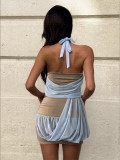 Deep V Cross Twisted Waist Fold Hanging Neck Color blocked Mesh Two Piece Set