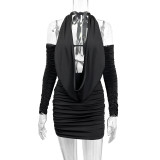 Backless long sleeved deep V-neck pleated hip hugging short skirt