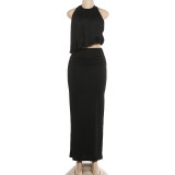 Hanging neck backless solid color vest split long skirt set