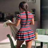Flip collar retro striped sports short sleeved dress