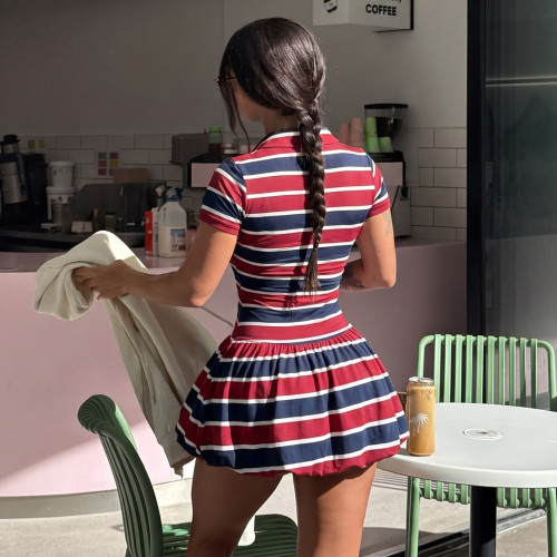 Flip collar retro striped sports short sleeved dress