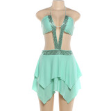 Hanging neck backless sequined patchwork hip hugging dress