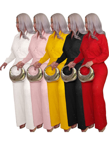 Hot stamping pleated long sleeved lapel shirt wide leg long pants two-piece set