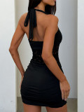 Hanging neck square collar lace strap backless pleated dress