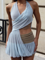 Deep V Cross Twisted Waist Fold Hanging Neck Color blocked Mesh Two Piece Set
