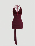 Hanging neck, swinging collar, mesh bag, hip skirt, pleated strap, short style