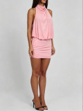 Hanging neck, swinging collar, backless strap, pleated short skirt