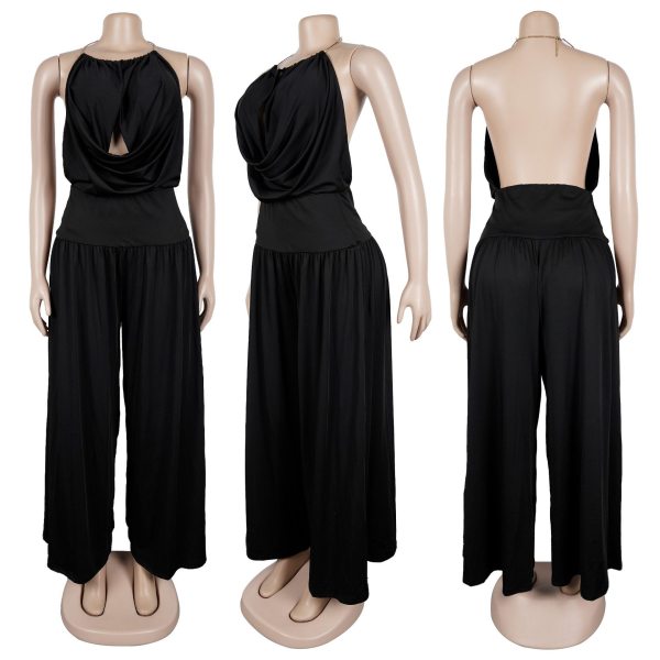 Hanging neck V-neck pleated wide leg two-piece set
