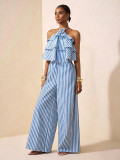 Lace up neck hanging backless striped jumpsuit