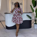 Printed patchwork ruffled mid sleeve loose dress