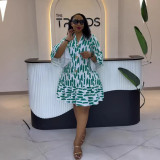 Printed patchwork ruffled mid sleeve loose dress