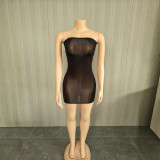 Super elastic shiny body sock skirt, see through lace strapless dress