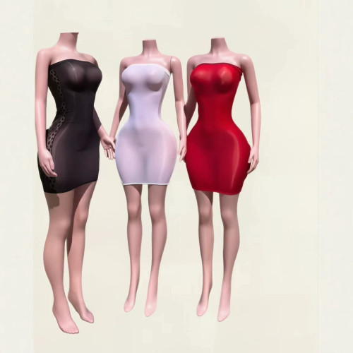 Super elastic shiny body sock skirt, see through lace strapless dress