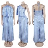 Lace up neck hanging backless striped jumpsuit