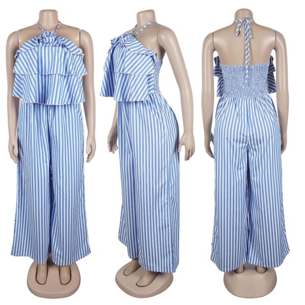 Lace up neck hanging backless striped jumpsuit