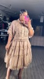 Lace hollow hook flower short top high waisted lace patchwork skirt set