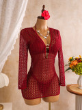 Brown hollow out three piece swimsuit set
