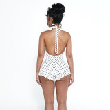 Polka print neck tie lace up backless lace jumpsuit