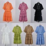 Lace hollow hook flower short top high waisted lace patchwork skirt set