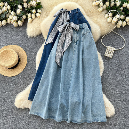 Silk scarf denim minimalist skirt
