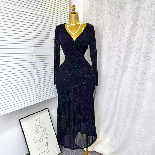 Cross V-neck long sleeved stretch mesh rhinestone dress