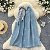 Silk scarf denim minimalist skirt