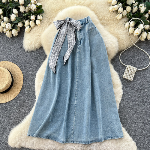Silk scarf denim minimalist skirt