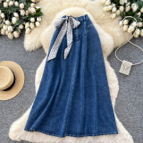 Silk scarf denim minimalist skirt