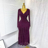 Cross V-neck long sleeved stretch mesh rhinestone dress