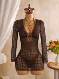 Brown hollow out three piece swimsuit set