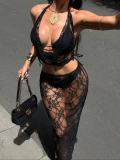 Hanging neck hollow lace three piece swimsuit set