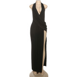 Deep V-neck slit jumpsuit