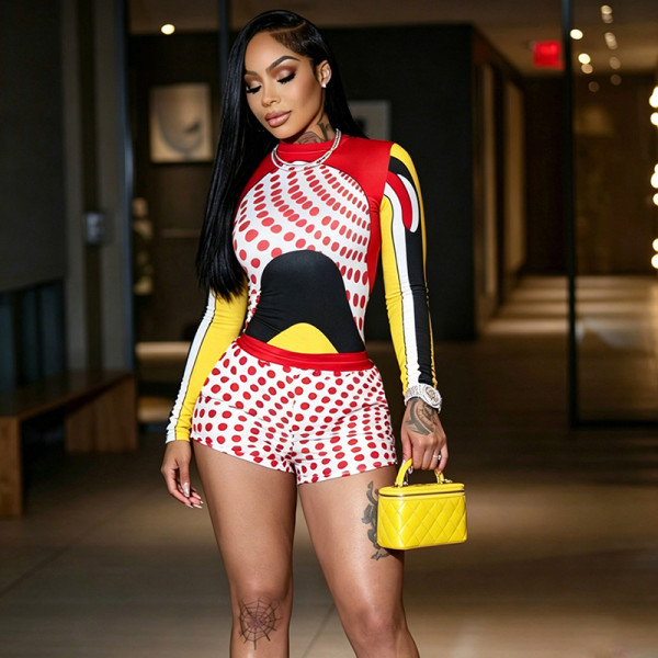 Hip hop style contrasting top polka dot drawstring shorts set
