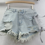 Heavy duty rhinestone lace denim shorts