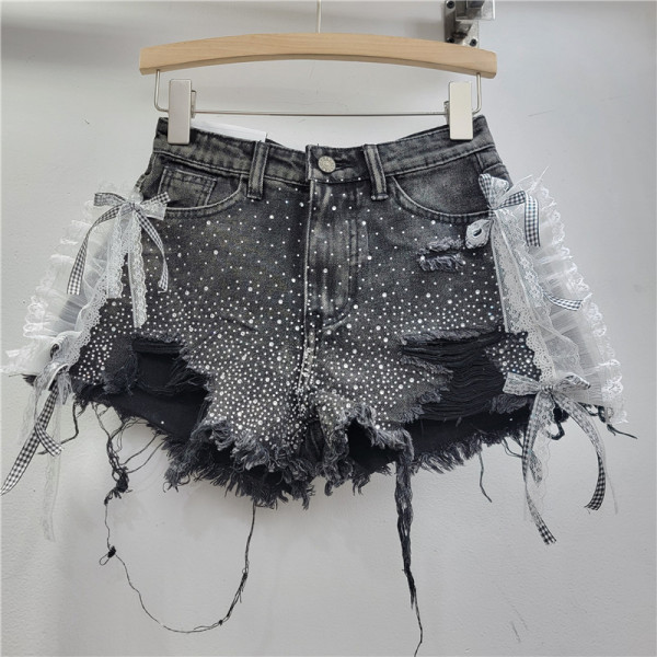 Heavy duty rhinestone lace denim shorts