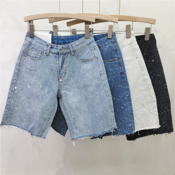 Ironed full diamond fringed straight leg high waist five quarter jeans