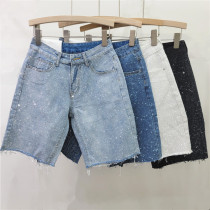 Ironed full diamond fringed straight leg high waist five quarter jeans Ironed full diamond fringed straight leg high waist five quarter jeans