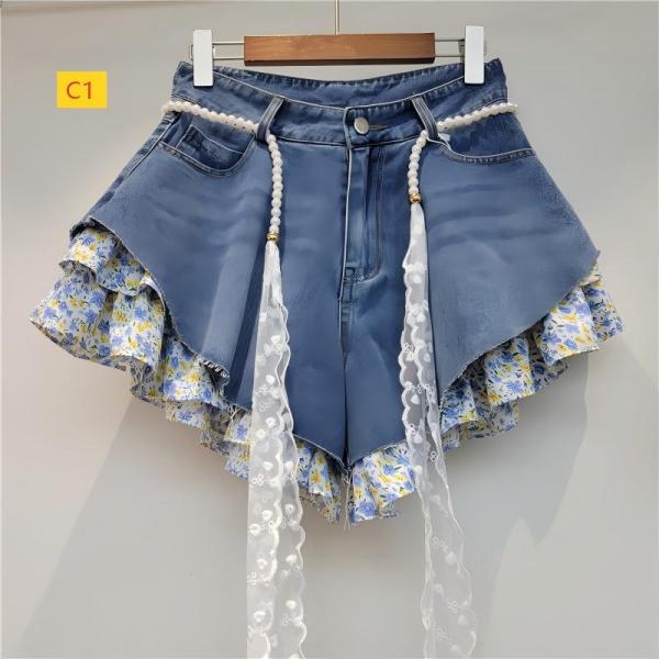 Slanted edge floral patchwork jeans