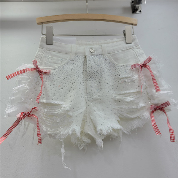 Heavy duty rhinestone lace denim shorts