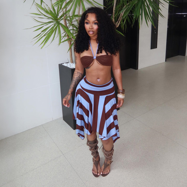 Hanging neck bikini top high waisted skirt set
