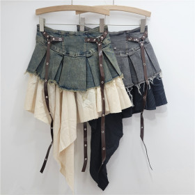 Splicing denim pleated skirt