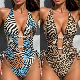 Leopard print neck tie swimsuit