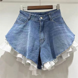 High waisted wide leg fake two denim shorts
