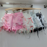Heavy duty rhinestone lace denim shorts