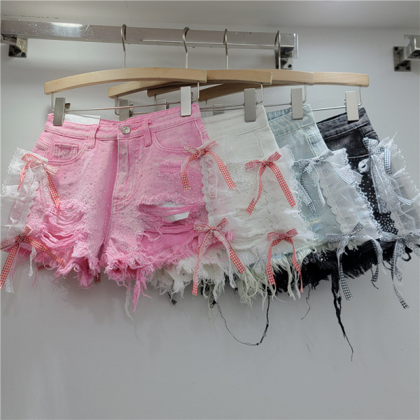 Heavy duty rhinestone lace denim shorts