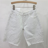 Ironed full diamond fringed straight leg high waist five quarter jeans