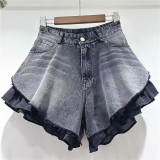 High waisted wide leg fake two denim shorts